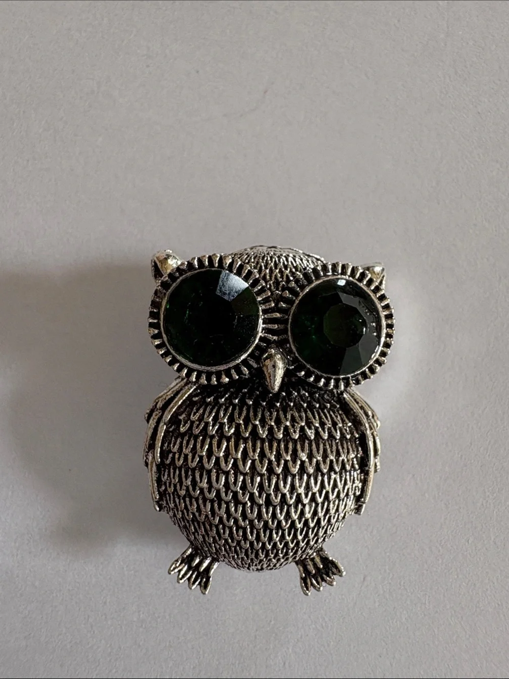 Silver Owl Accent Pin with Dark Green Crystal Eyes
